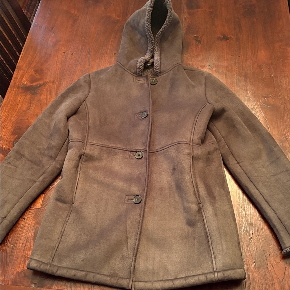 Lands' End Soft Faux Shearling Faux Suede Warm Coat Dark Green Size Small
